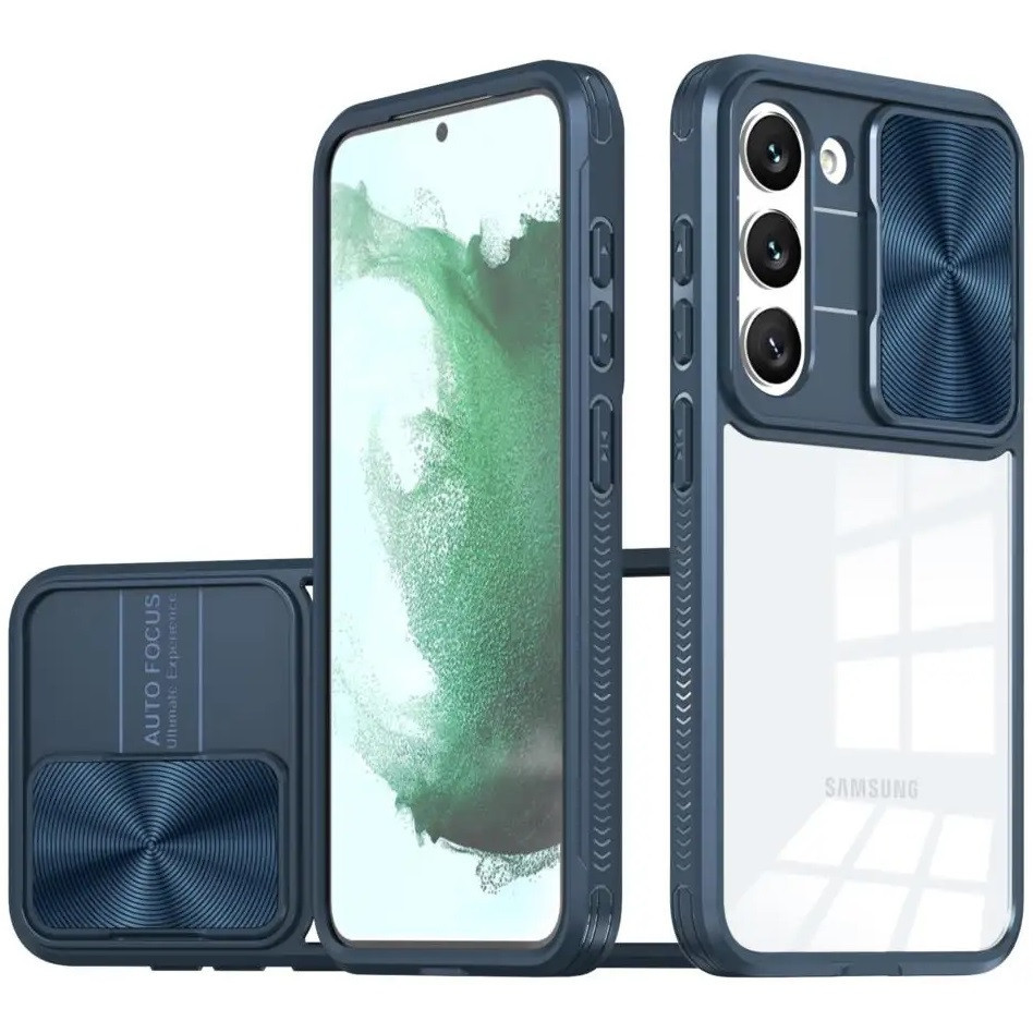 Samsung Galaxy A23 4G / A23 5G SM-A235F / A236U, Műanyag hátlap + szilikon keret, átlátszó akril hátlap, kamera védelem, Wooze Trendy, sötétkék (TS4146)