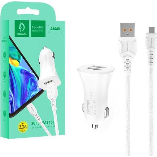 Ładowarka Vega ŁADOWARKA SAMOCHODOWA 3A + KABEL TYP-C BIAŁA DENMEN 3100mA DUAL FAST CHARGING 2XUSB DZ06T 15W>
