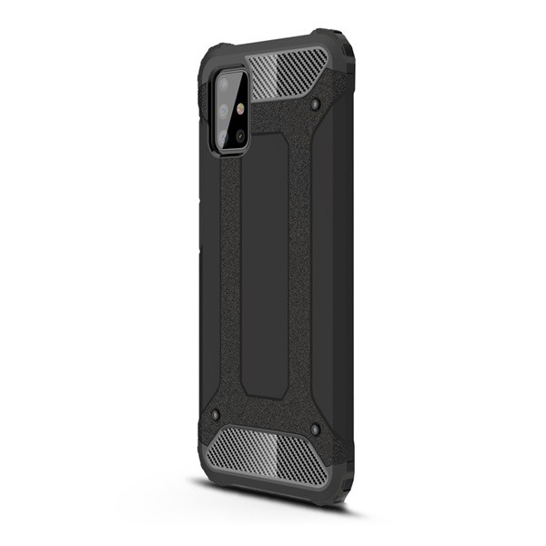 Defender műanyag telefonvédő (közepesen ütésálló, légpárnás sarok, szilikon belső, fémhatás) FEKETE [Samsung Galaxy A51 (SM-A515F)]