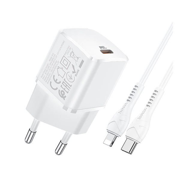 HOCO N10 STARTER hálózati töltő Type-C aljzat (5V/3000mA, 20W, PD gyorstöltés, QC 3.0 + Type-C - lightning 8pin) FEHÉR (N10_TYPE_C) (N10_TYPE_C)