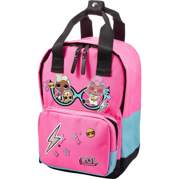 LEGO L.O.L. Surprise! Together 4Eva Small Backpack with pink pom-pom attached to zipper puller