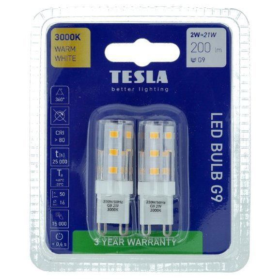 Tesla LED izzó, G9, 2 W, 230 V, 200 lm, 3000 K meleg fehér, 2 db a csomagban (9009789002183)