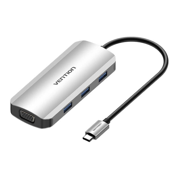 Statie de andocare, Vention, USB-C pentru HDMI, VGA, 3xUSB 3.0, Gri