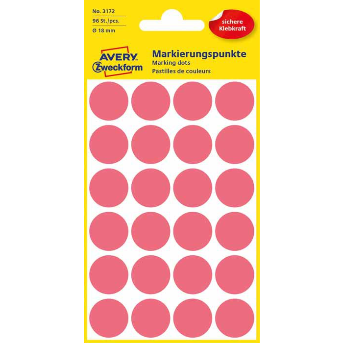 Avery Etikett Címke Jelölésre - O18 mm, 24 Címke/Ív, 4 Ív/Doboz, Piros (3172)