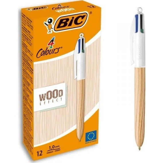 Golyóstoll, 0,32 mm, nyomógombos, négyszínű, BIC "4 Colours Wood Effect" (548217)