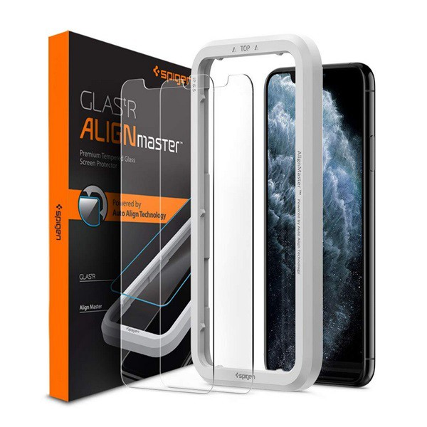 SPIGEN ALIGNMASTER SLIM képernyővédő üveg 2db (2.5D full cover, karcálló, ultravékony, 0.2mm, 9H + segédkeret) ÁTLÁTSZÓ [Apple iPhone 11 Pro] (AGL00109)