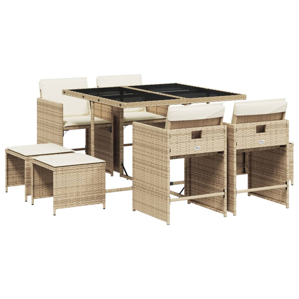 Set de masă pentru grădină, 9 piese, cu perne, bej, poliratan