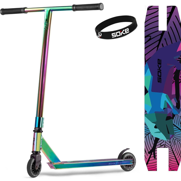 Kaszkadőr roller, SOKE EVO Street, neokróm, 83 cm, 10 cm 88A PU kerekek, ABEC-9 csapágy, 360°-ban forgó T kormány, Flex Fender fék, maximum 100 kg