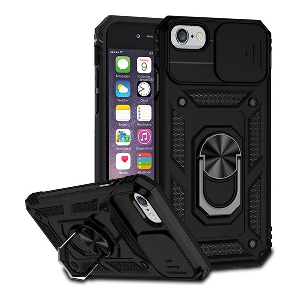 Defender műanyag telefonvédő (közepesen ütésálló, szilikon belső, telefontartó gyűrű, kamera védelem) FEKETE [Apple iPhone SE 3 (2022)] (5996591207209)