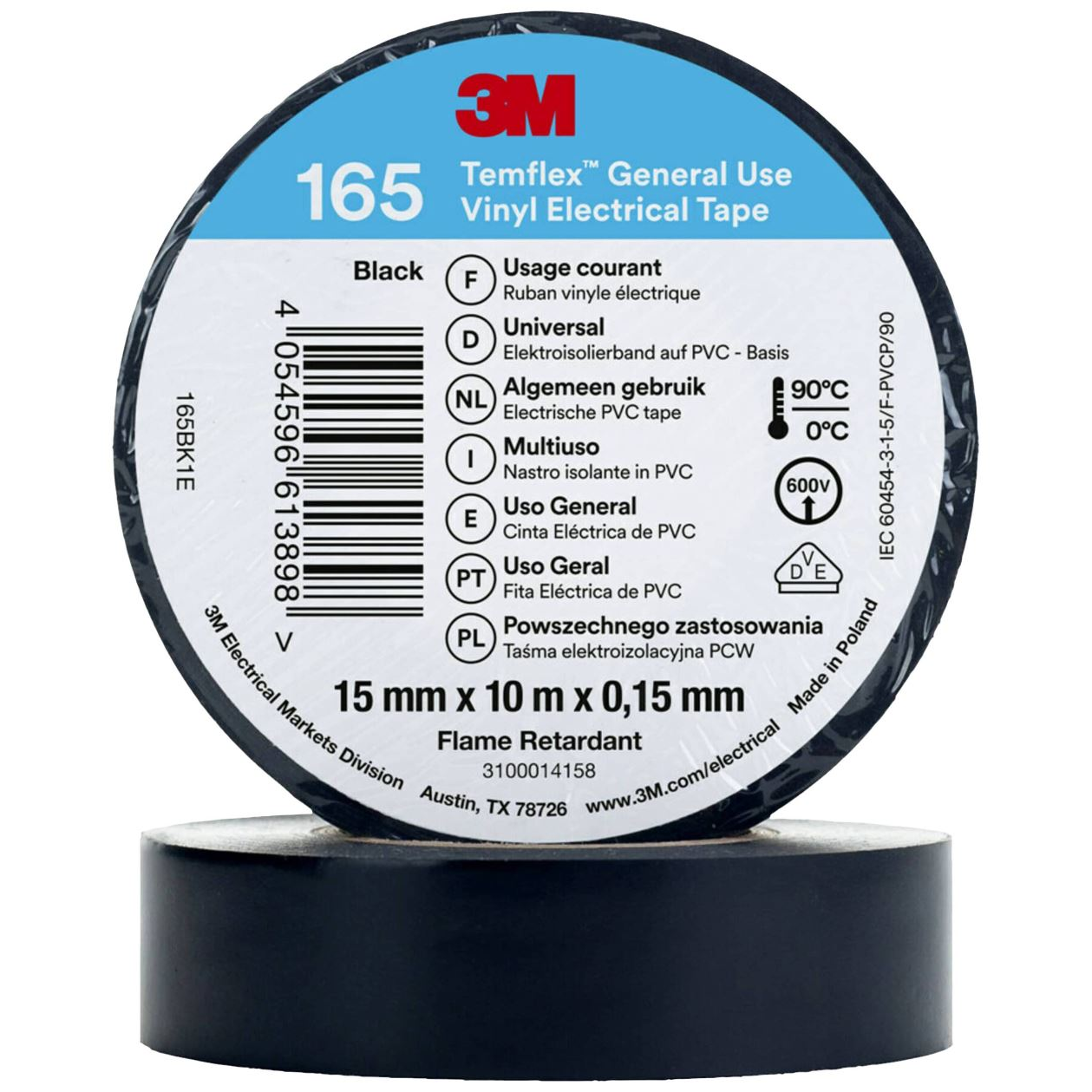3M Temflex 165 165BK1E vinil szigetelőszalag, fekete, 10 m x 15 mm (165BK1E)