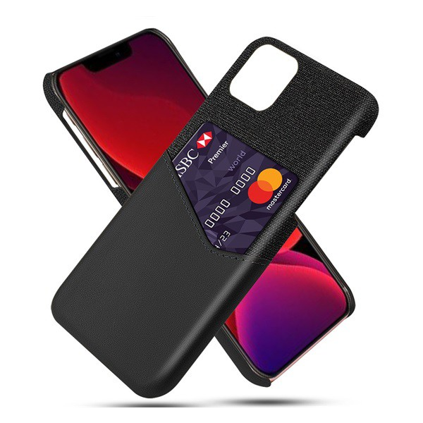 Műanyag telefonvédő (közepesen ütésálló, bankkártya tartó, textil bevonat, bőr hatású hátlap) FEKETE [Apple iPhone 12 Pro] (5996591007472)