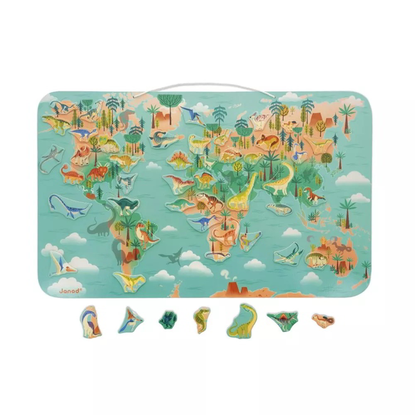 Магнитен пъзел Janod - Карта на света с динозаври, 50 части