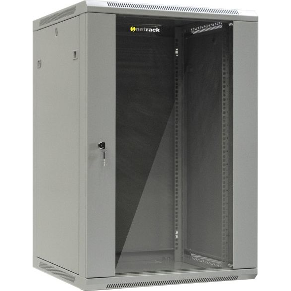 Стенен шкаф със стъклена врата и подвижна страна, Netrack, 18U/600 mm, 19", сив