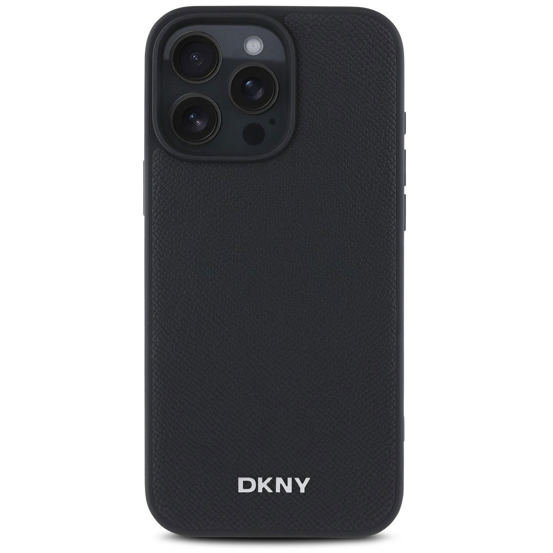 DKNY Silver Metal Logo iPhone 16 Pro fekete PU bőr Magsafe tok (DKHMP16LPGHLMK)