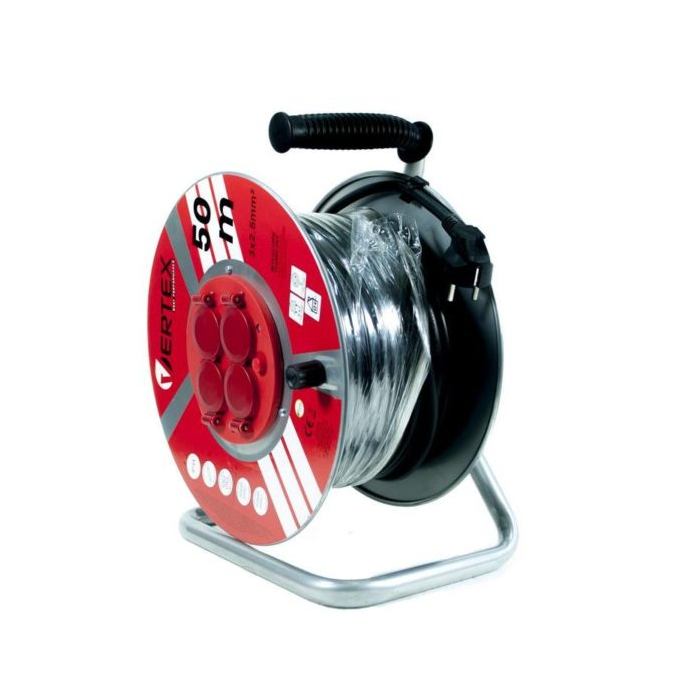 Vertex 220V Hosszabbító 4 aljzatos kábeldob 50m - Fekete/Piros (PB50METAL)