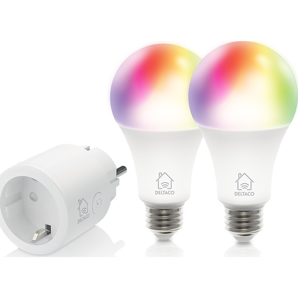 DELTACO SMART HOME SH-KIT01 kezdő okos csomag 2 db LE27RGB színes izzó + SH-P01 okos dugalj 10A, időkapcsoló
