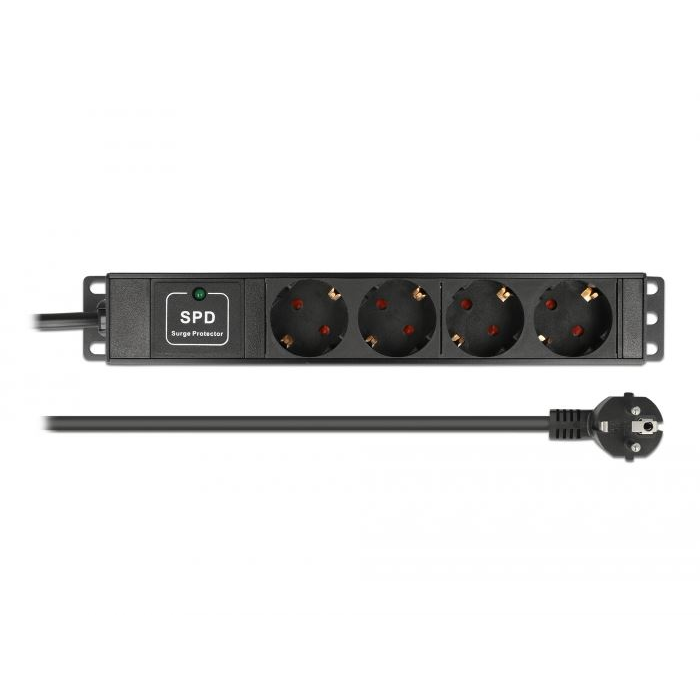 Delock 10” hálózati szekrényekhez elosztó 4 csatlakozóval és túlterhelésvédővel, kábelhossz: 1,5m fekete (66818) (delock66818)