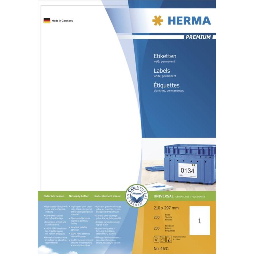 Herma Premium 210 x 297 mm Etikett tintasugaras és lézernyomtatóhoz (200 címke / csomag) (4631)