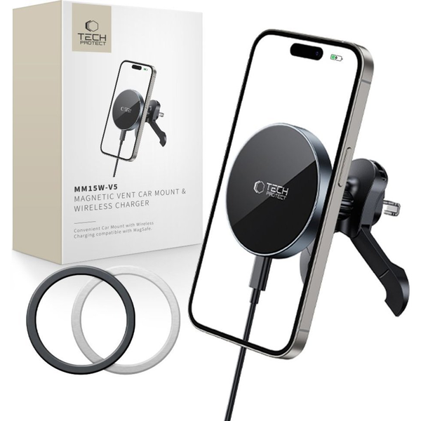TECH-PROTECT MM15W-V5 MAGNETIC MAGSAFE STABLE VENT CAR MOUNT WIRELESS CHARGER 15W BLACK/BLACK