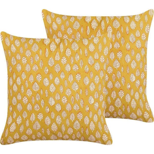 Conjunto De 2 Cojines De Algodón Amarillo Mostaza 45 X 45 Cm Hoja Borlas Ginnala - Amarillo