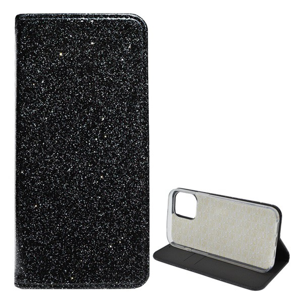 Tok álló, bőr hatású (FLIP, szilikon belső, oldalra nyíló, asztali tartó funkció, bankkártya tartó, csillogó) FEKETE [Apple iPhone 12 Pro] (5996591002910)