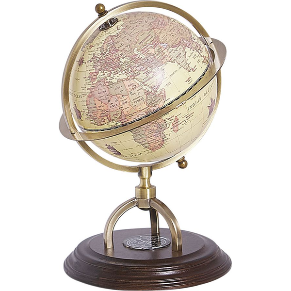 Globo Terráqueo De Mesa Antiguo En Beige Con Base Marrón Oscuro Y Brújula 25 Cm Pizarro