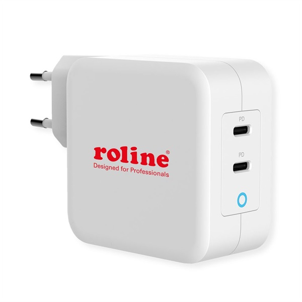 ROLINE USB Charger mit Euro-Stecker, 2 Port Typ-C (PD), GaN, 100W