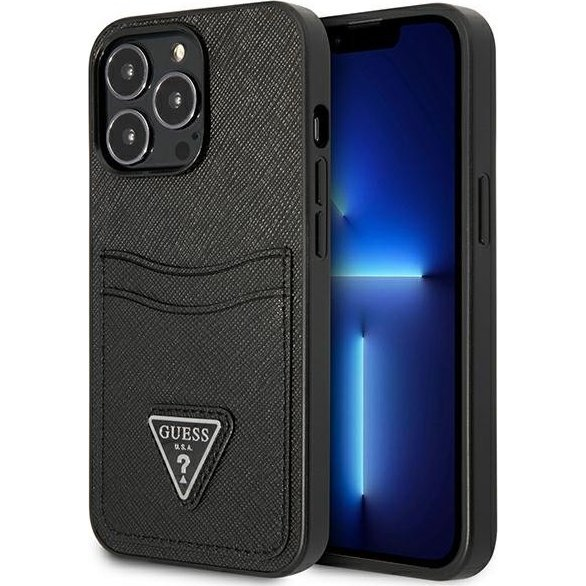 Guess Saffiano Double Card Apple iPhone 13 Pro Max bőr hátlap tok, fekete (GUHCP13XPSATPK)