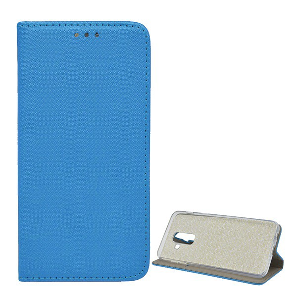 Tok álló, bőr hatású (FLIP, oldalra nyíló, asztali tartó funkció, rombusz minta) VILÁGOSKÉK [Samsung Galaxy A6+ (2018) SM-A605F] (5996457798698)