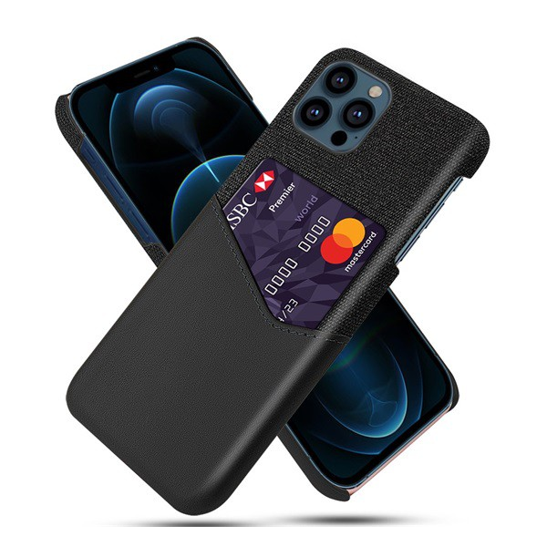 Műanyag telefonvédő (közepesen ütésálló, bankkártya tartó, textil bevonat, bőr hatású hátlap) FEKETE [Apple iPhone 13 Pro] (5996591101316)