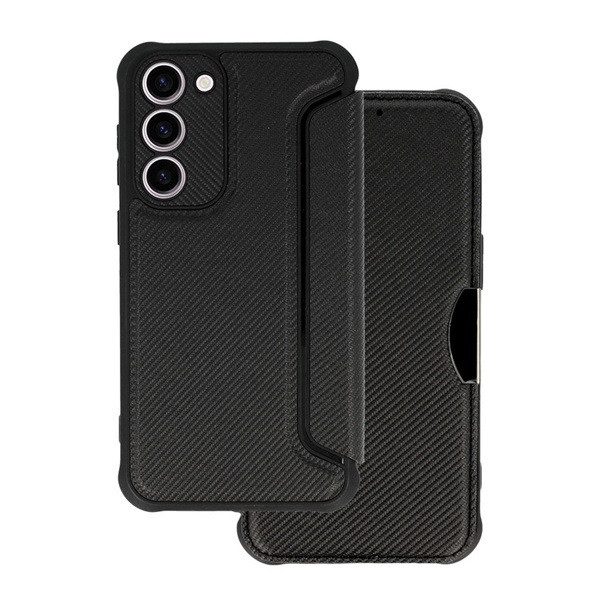 Samsung Galaxy A14 4G / A14 5G SM-A145F / A146B, калъф със странично отваряне, ъгъл с въздушна възглавница, кожен ефект, карбонов модел, Razor Book, черен (RS136149)