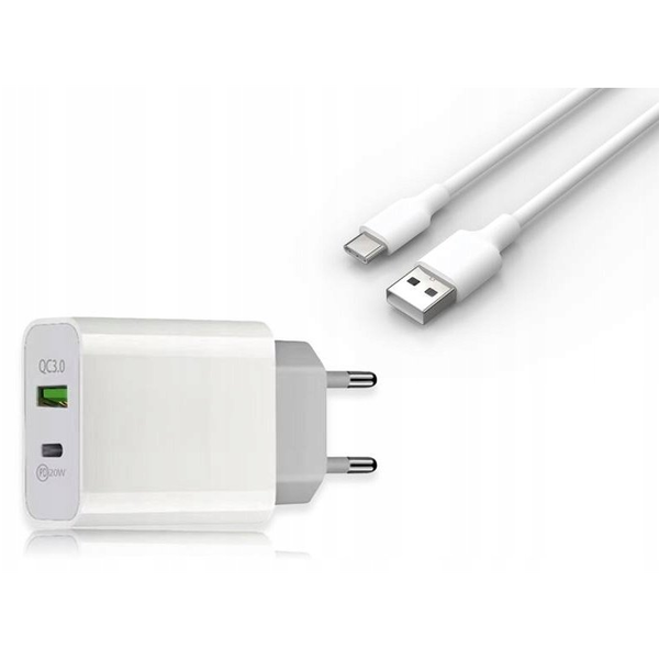 ŁADOWARKA SIECIOWA PD + QC 3A + KABEL TYPE-C 1m, PD20W 3000mA