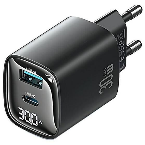 Usams CC229 Type-C, USB-A hálózati töltő kijelzővel 30W fekete (CC229TC01) (CC229TC01)