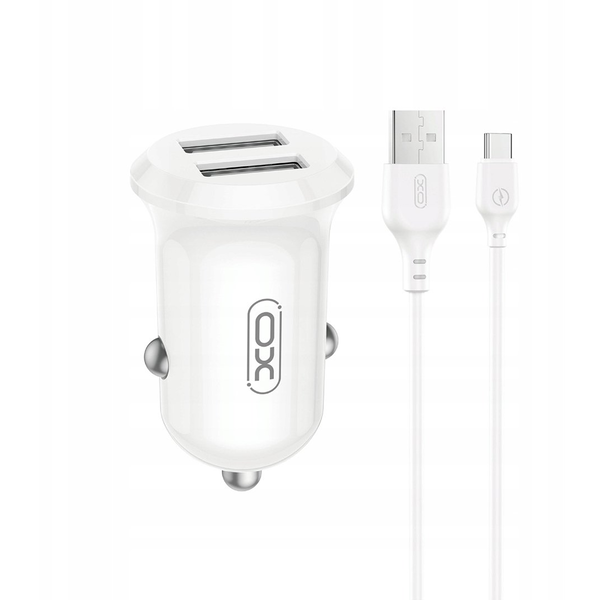 XO CC67 autós töltő szett 2*USB-A 12W fehér, USB-C kábellel