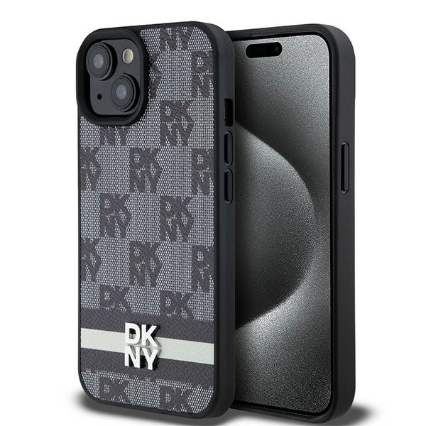 DKNY iPhone 14 Plus / 15 Plus kockás mintás csíkkal PU Bőr Telefon tok - Fekete (DKHCP15MPCPTSSK)