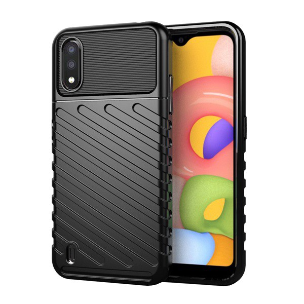 Szilikon telefonvédő (közepesen ütésálló, csíkos, dombor minta) FEKETE [Samsung Galaxy A01 (SM-A015F)] (5996457934973)