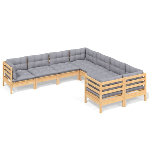 Set mobilier de grădină cu perne gri, 8 piese, lemn masiv pin
