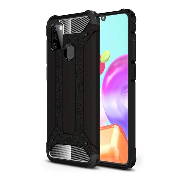 Defender műanyag telefonvédő (közepesen ütésálló, légpárnás sarok, szilikon belső, fémhatás) FEKETE [Samsung Galaxy A21s (SM-A217F)] (5996457989492)