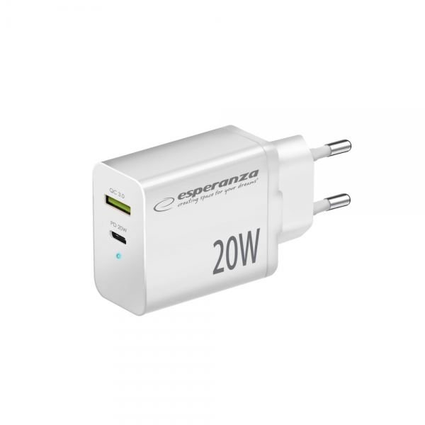 Esperanza USB-C, USB-A hálózati töltő 20W fehér (EZC105W) (EZC105W)