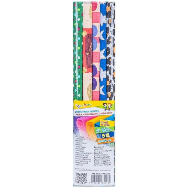 Krepp-papír, 25x200 cm, mintás, "Gimboo", 5 vegyes minta