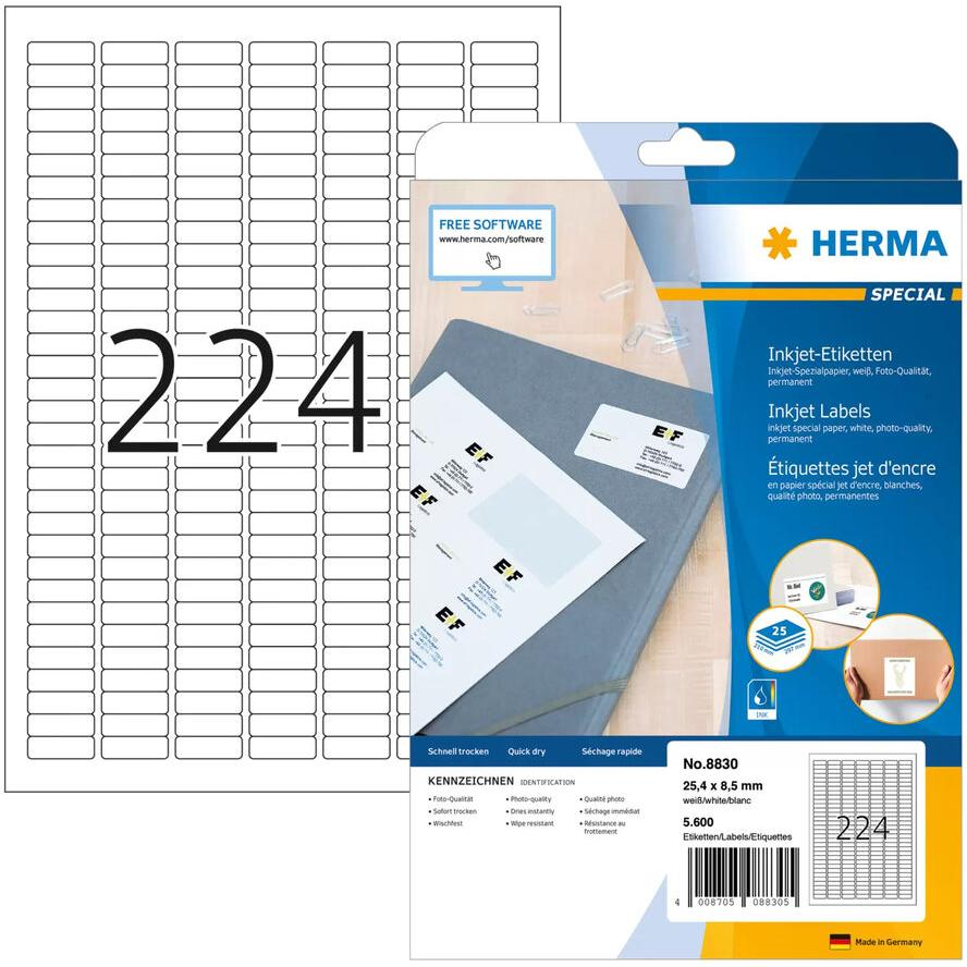 HERMA Inkjet-Etiketten A4 weiß 25,4x8,5 mm Papier 5600 St. (8830) (8830)