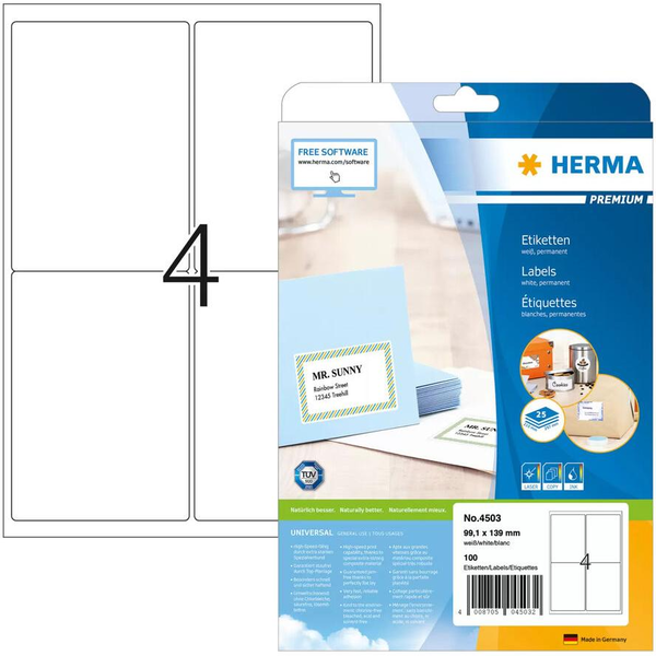 HERMA Adressetiketten Premium A4 weiß 99,1 x 139,0 mm 100St. (4503)
