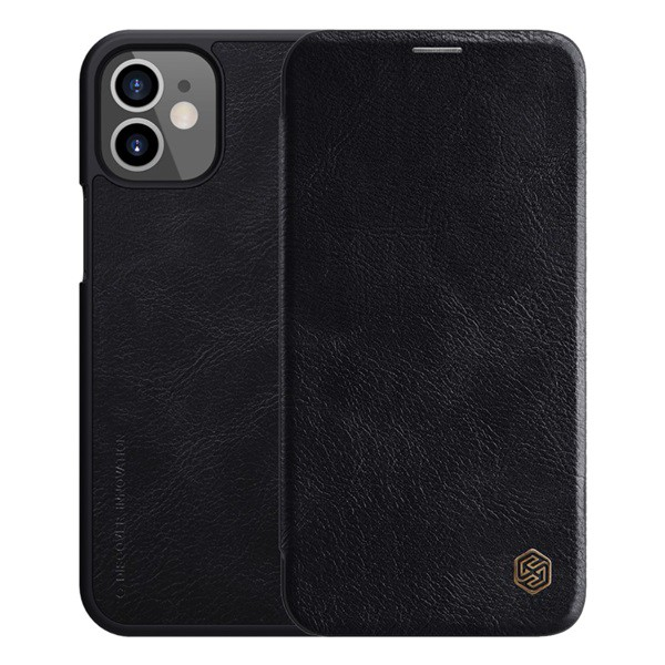 NILLKIN QIN tok álló, bőr hatású (FLIP, oldalra nyíló, bankkártya tartó) FEKETE [Apple iPhone 12 mini] (5996457998968)