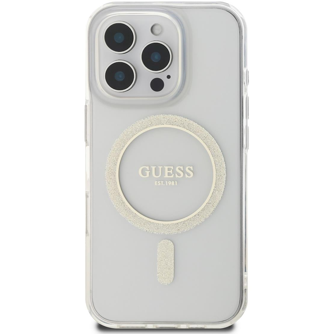 Guess IML Glitter Ring MagSafe iPhone 16 Pro átlátszó tok (GUHMP16LHFGERET)