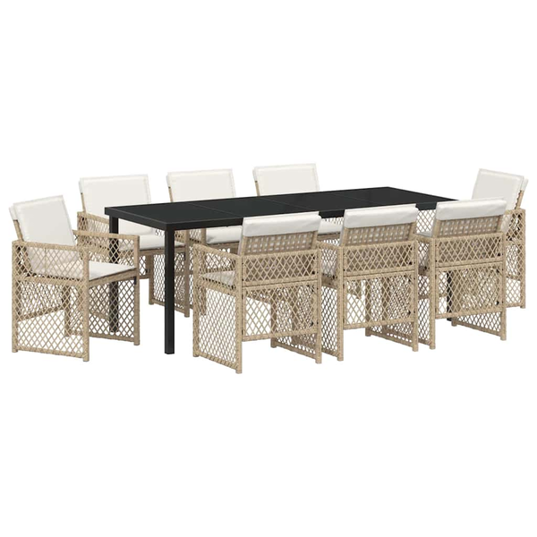 Set de Dining pentru Grădină 9 Piese cu Perne Bej din Ratan Polimer, Masă de Grădină Neagră 200x80x73 cm din Sticlă Temperată