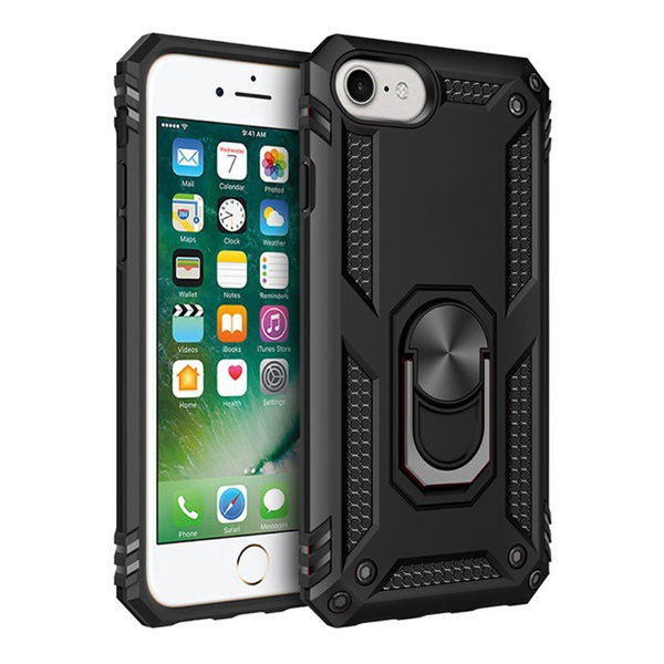 Defender műanyag telefonvédő (közepesen ütésálló, szilikon belső, telefontartó gyűrű, beépített fémlemez) FEKETE [Apple iPhone SE 3 (2022)] (5996457973170)