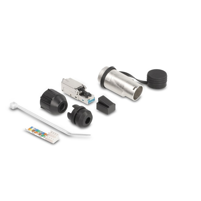 Delock RJ45 moduláris csatlakozási eszközkészlet Cat.6A robosztus kábel csatlakozási házzal és védő sapkával, IP66 por és vízhatlan (67065) (67065)