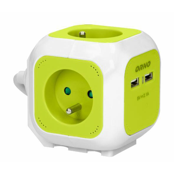 Podaljšek "kocka" 4xšuko + 2xUSB 1,4m kabla zelen