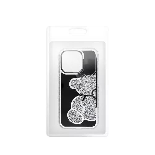 Teddy Bear iPhone 15 csillogó köves tok fekete-ezüst (101192) (101192)