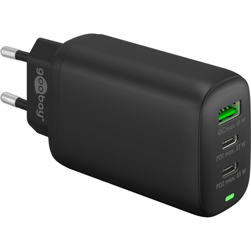 Goobay 61760 2x USB-C/USB-A Hálózati töltő - Fekete (65W) (61760)